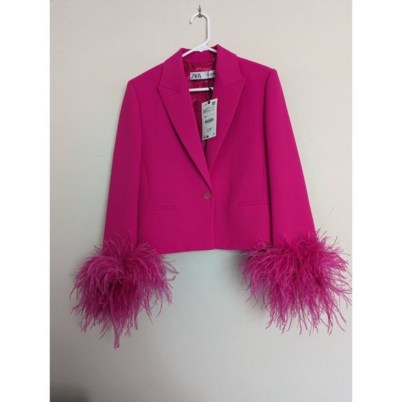 ZARA FUCHSIA SHORT FEATHER BLAZER JACKET XS S M NWT - Picture 7 of 11
